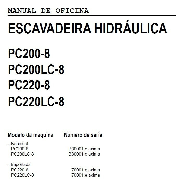 Manual De serviço Oficina Escavadeira komatsu Pc 200 pc 220