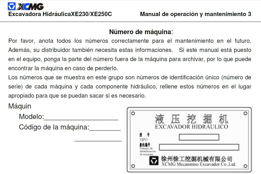 manual de manutenção escavadeira XE 230 / XE 250C XCMG ESPANHOL