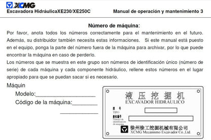 manual de manutenção escavadeira XE 230 / XE 250C XCMG ESPANHOL